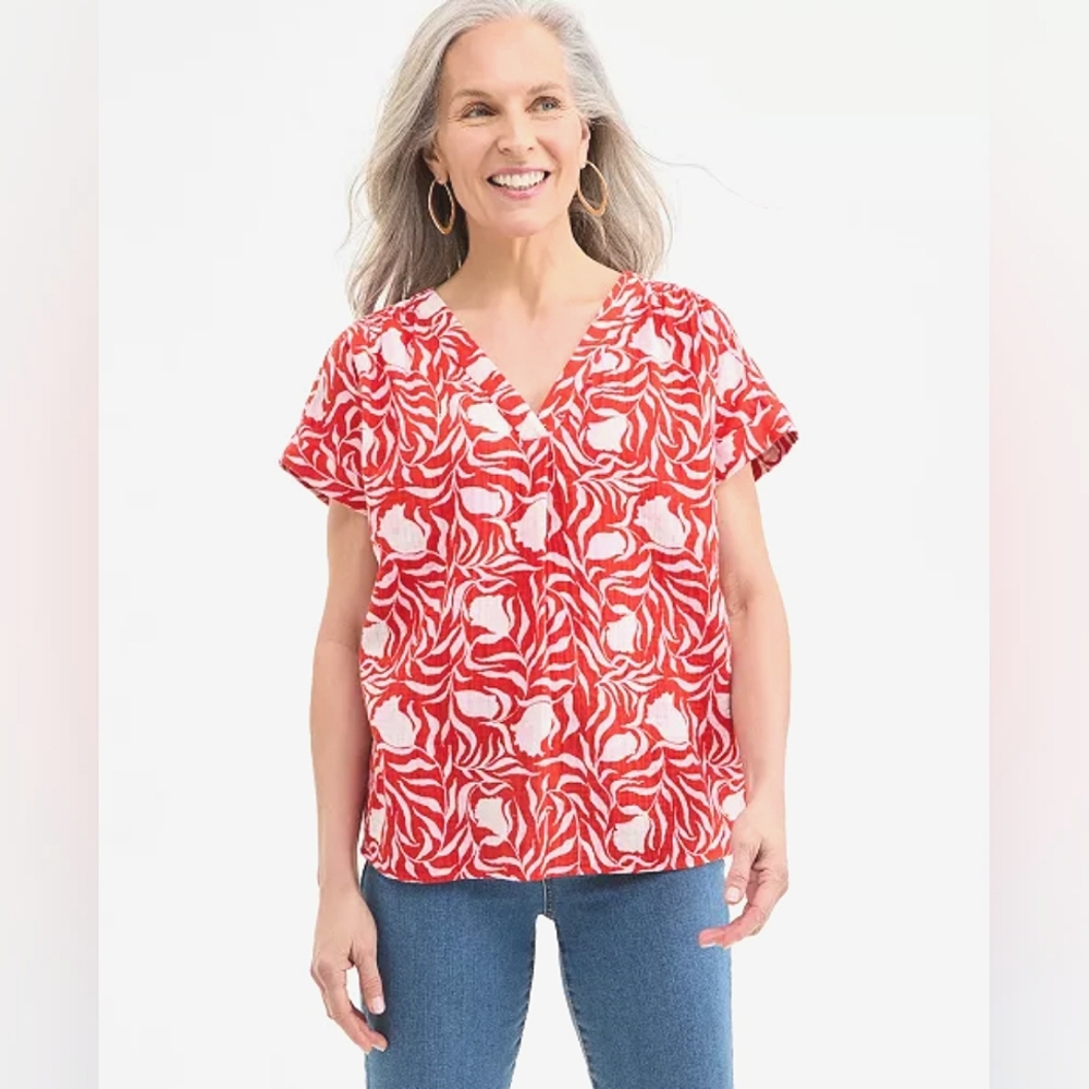 Women's Cotton Gauze V-Neck Short-Sleeve Top